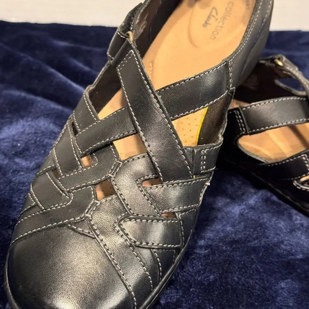 Clarks Black Leather Shoes Low Heel with Adjustable Strap Size 10